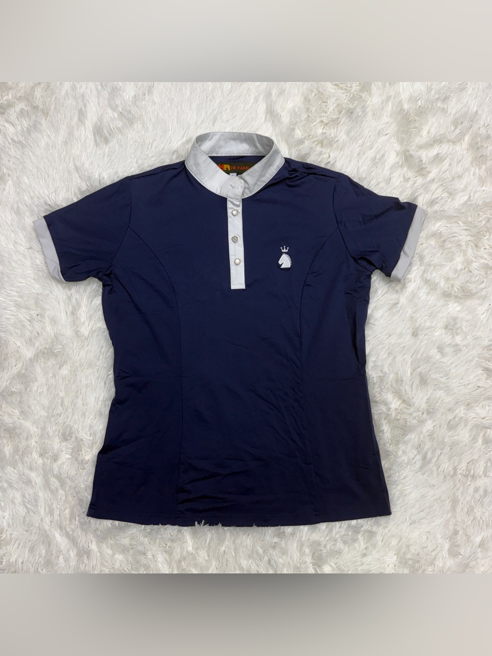 Women’s Large Navy HR Farm Short Sleeve Horseback Riding Show Shirt. Good Condit